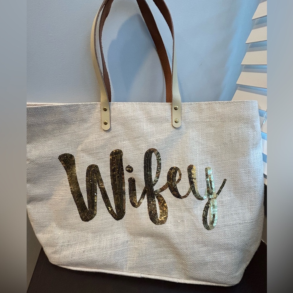 Wifey Bridal, Wedding Large Sequin Tote Bag - Gold and Cream